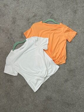 Women’s Short Sleeve Twist-Front Tees  — White & Peach